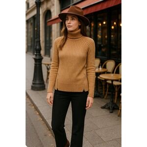 Abercrombie Fitch Tan Ribbed Turtleneck Sweater with Side Zippers XS Cabincore